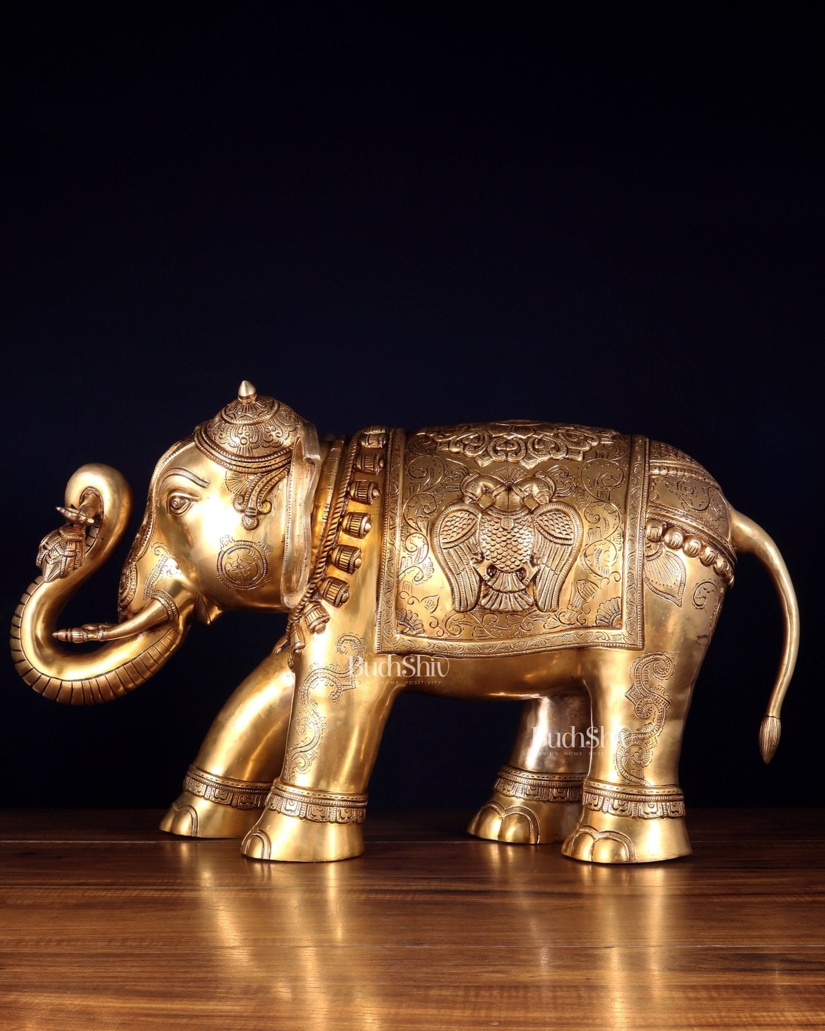 Pure Brass Large Elephant with trunk up Statue with Enhanced Carvings 26" - Budhshiv.com