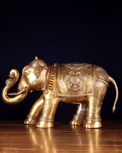 Pure Brass Large Elephant with trunk up Statue with Enhanced Carvings 26" - Budhshiv.com