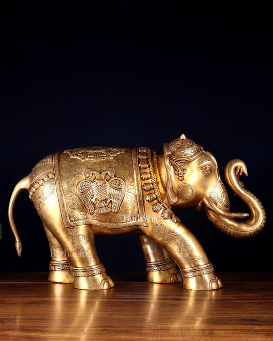 Pure Brass Large Elephant with trunk up Statue with Enhanced Carvings 26" - Budhshiv.com