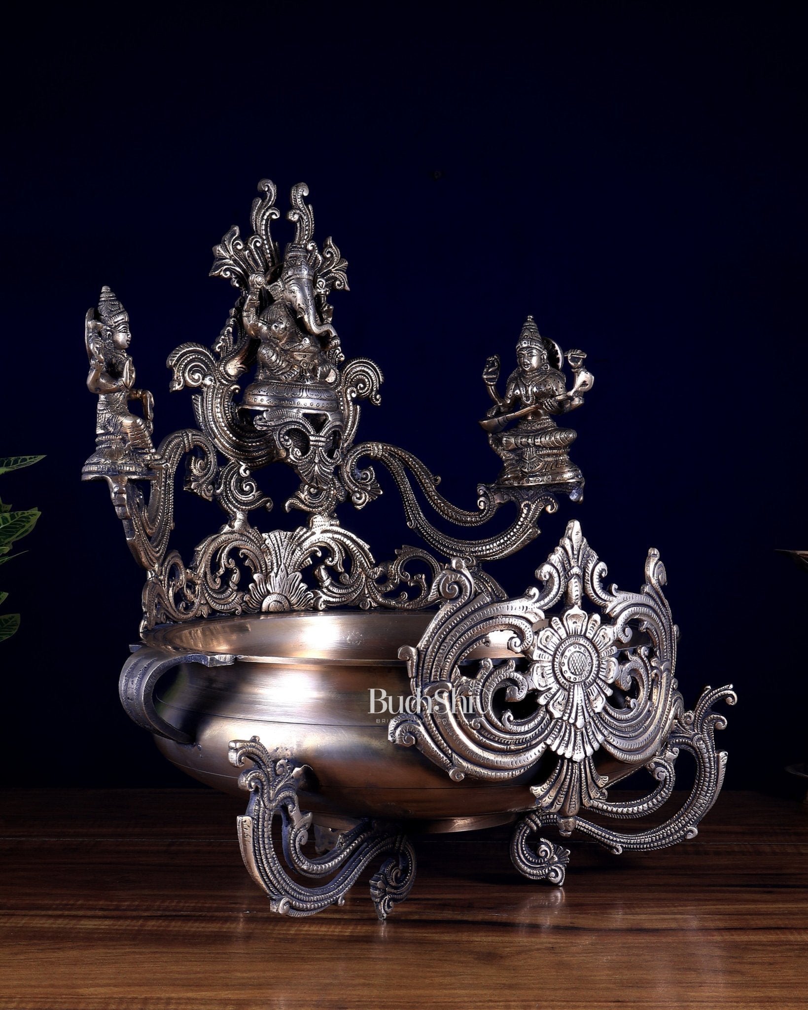 Pure Brass Large Ganesha Lakshmi Saraswati Urli – Auspicious Home Decor for Pooja & Ceremonies - Budhshiv.com