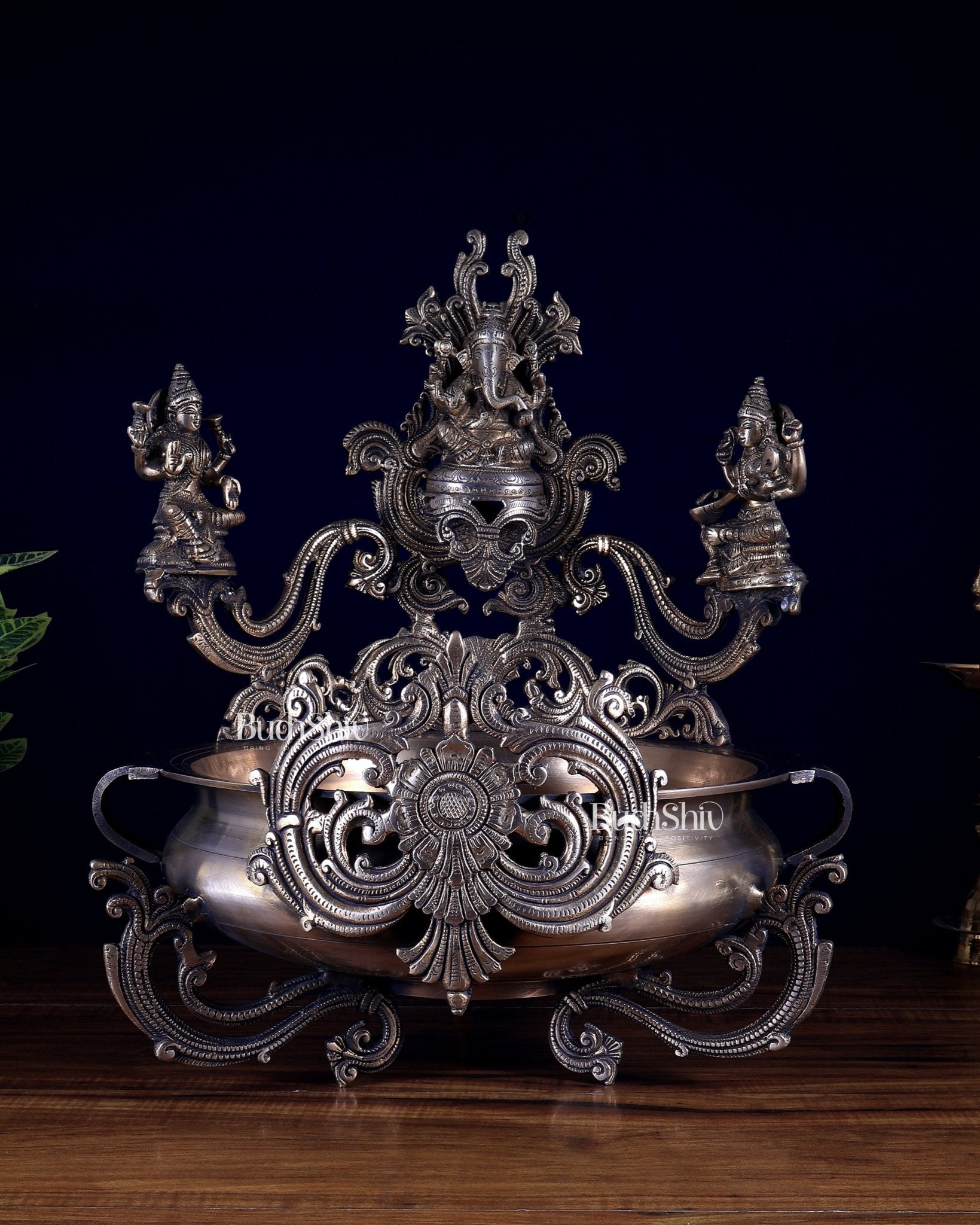 Pure Brass Large Ganesha Lakshmi Saraswati Urli – Auspicious Home Decor for Pooja & Ceremonies - Budhshiv.com