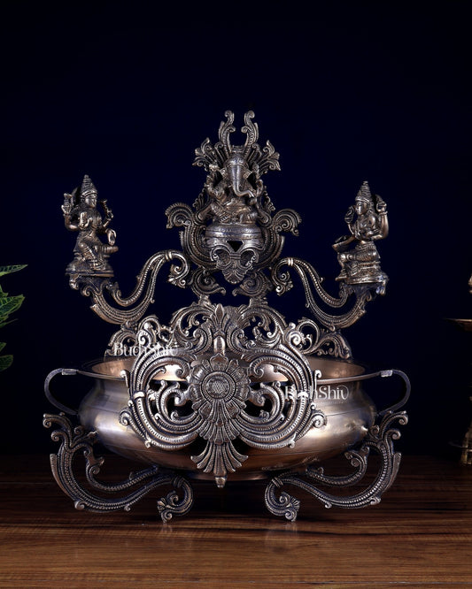 Pure Brass Large Ganesha Lakshmi Saraswati Urli – Auspicious Home Decor for Pooja & Ceremonies - Budhshiv.com