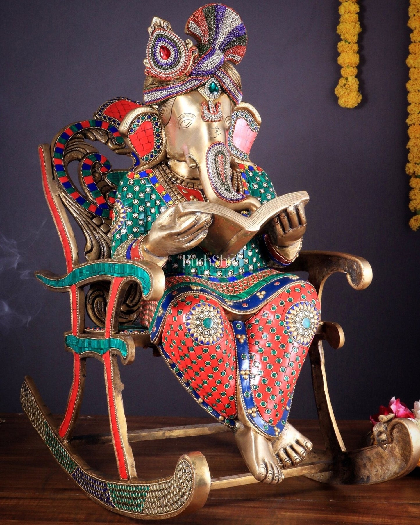 Pure Brass Large Ganesha Seated on rocking Chair Reading Book | 24" - Budhshiv.com