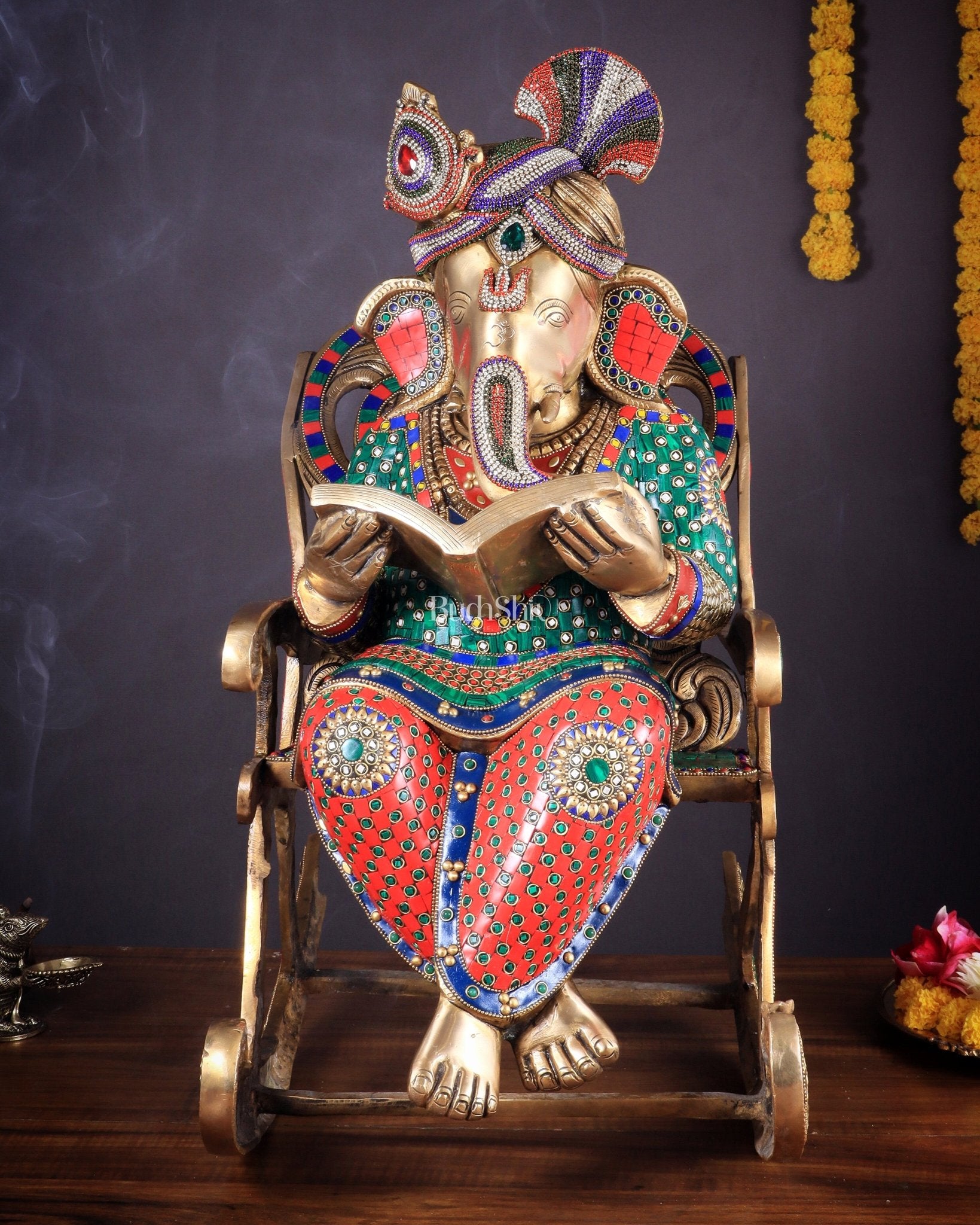 Pure Brass Large Ganesha Seated on rocking Chair Reading Book | 24" - Budhshiv.com