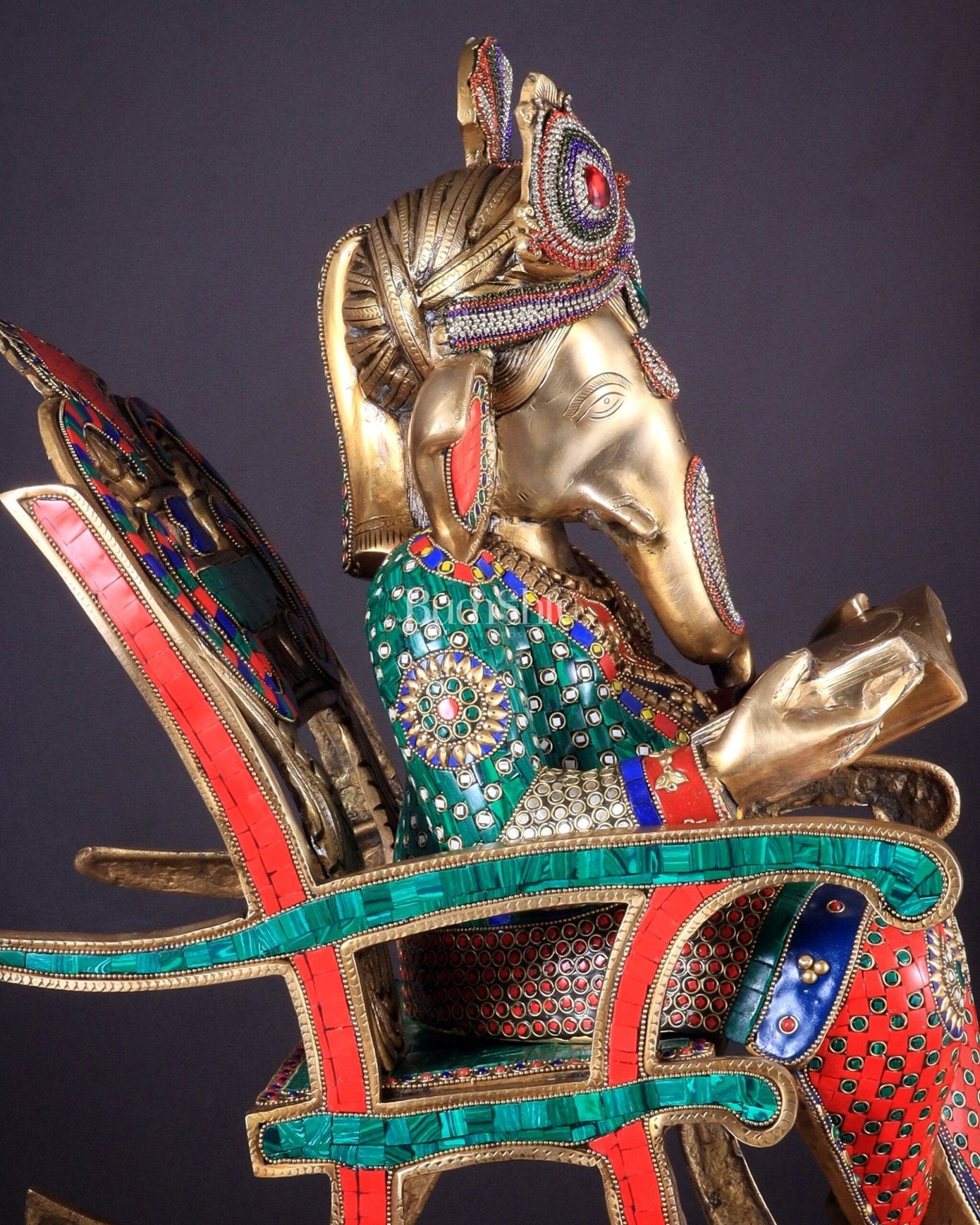 Pure Brass Large Ganesha Seated on rocking Chair Reading Book | 24" - Budhshiv.com