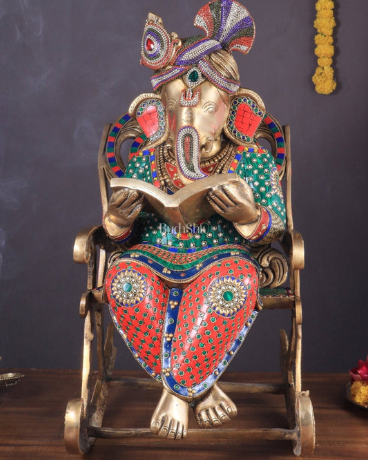 Pure Brass Large Ganesha Seated on rocking Chair Reading Book | 24" - Budhshiv.com