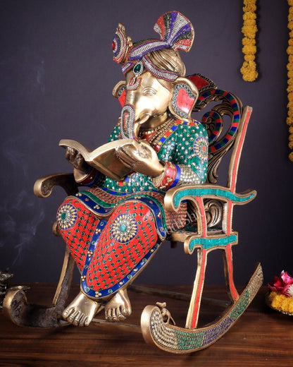 Pure Brass Large Ganesha Seated on rocking Chair Reading Book | 24" - Budhshiv.com