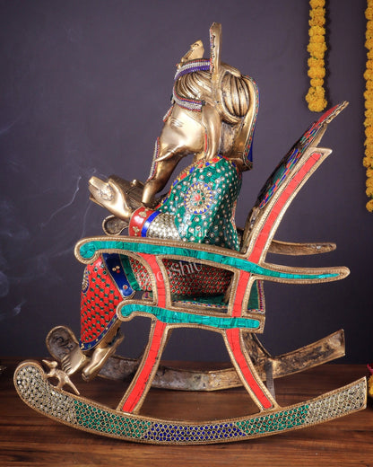 Pure Brass Large Ganesha Seated on rocking Chair Reading Book | 24" - Budhshiv.com