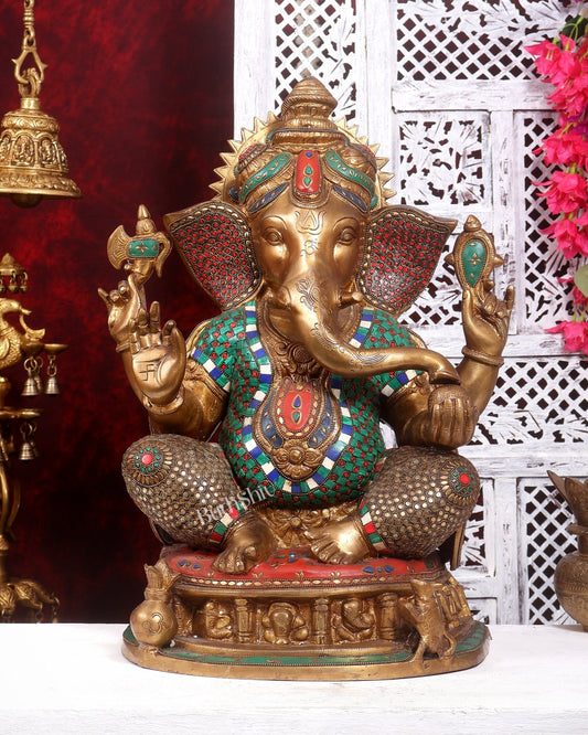 Pure Brass Large Ganesha Statue antique tone with Meenakari Stonework 22 inch - Budhshiv.com