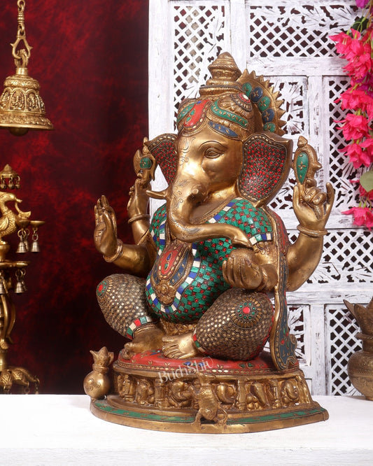 Pure Brass Large Ganesha Statue antique tone with Meenakari Stonework 22 inch - Budhshiv.com