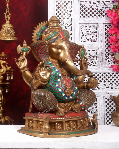 Pure Brass Large Ganesha Statue antique tone with Meenakari Stonework 22 inch - Budhshiv.com