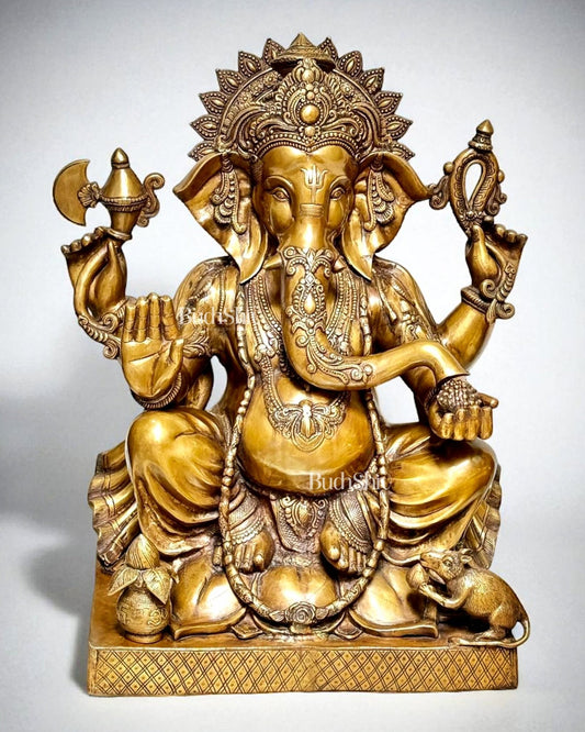 Pure Brass Large Ganesha Statue Sitting on Lotus with Sturdy Square Base 31 inch - Budhshiv.com