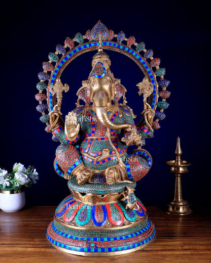 Pure Brass Large Ganesha Statue with Meenakari Stonework – 27" Tall - Budhshiv.com