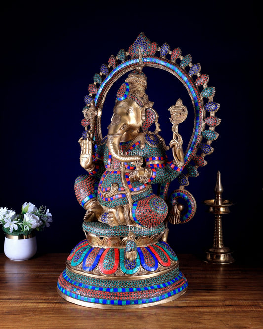 Pure Brass Large Ganesha Statue with Meenakari Stonework – 27" Tall - Budhshiv.com