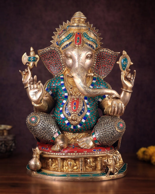 Pure Brass Large Ganesha Statue with Meenakari Stonework and Ashtavinayak Carvings - 22" - Budhshiv.com