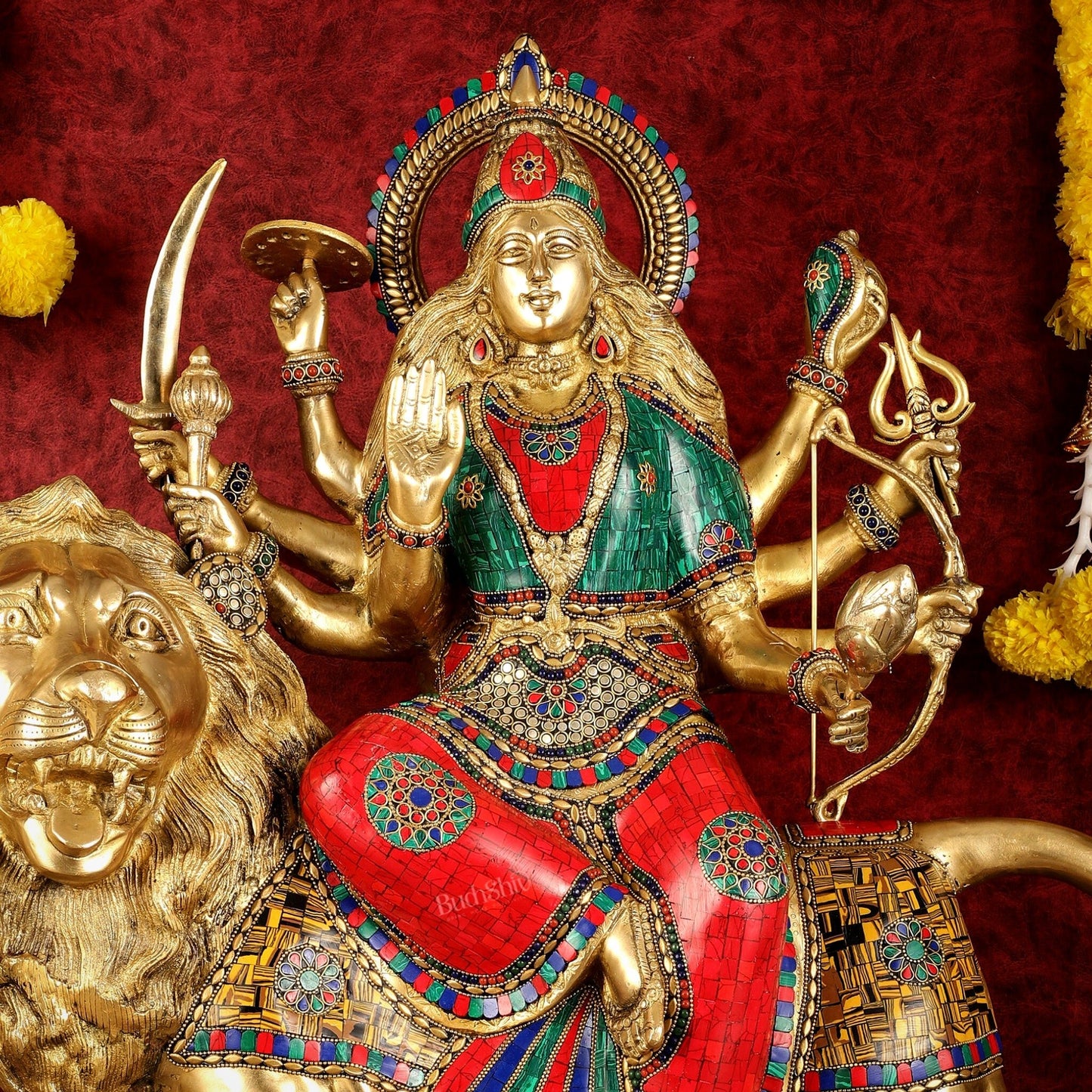 Pure Brass Large Goddess Durga Sherawali Mata Murti - 27 inch - Budhshiv.com