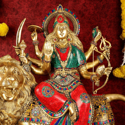 Pure Brass Large Goddess Durga Sherawali Mata Murti - 27 inch - Budhshiv.com