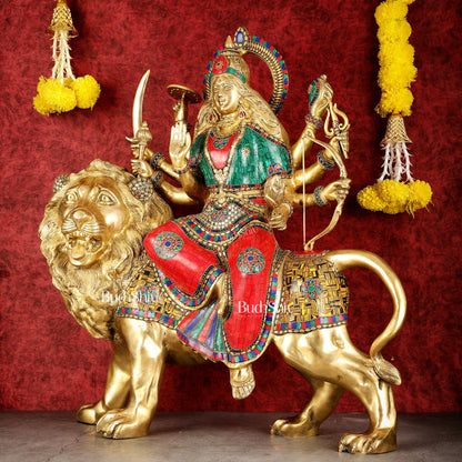Pure Brass Large Goddess Durga Sherawali Mata Murti - 27 inch - Budhshiv.com