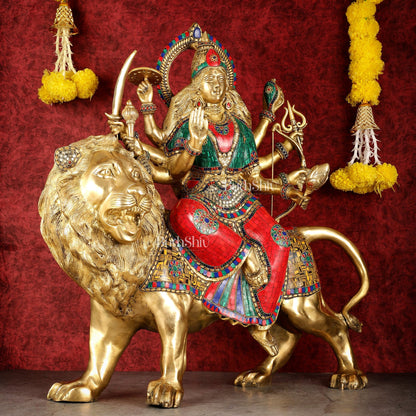 Pure Brass Large Goddess Durga Sherawali Mata Murti - 27 inch - Budhshiv.com