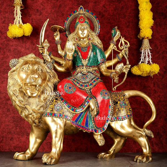 Pure Brass Large Goddess Durga Sherawali Mata Murti - 27 inch - Budhshiv.com