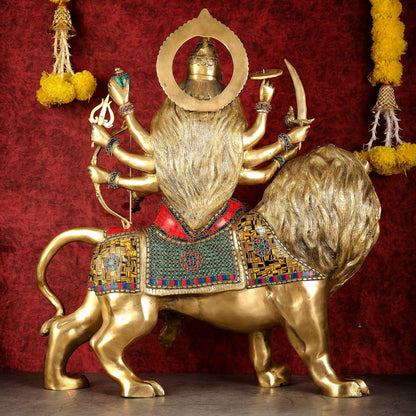 Pure Brass Large Goddess Durga Sherawali Mata Murti - 27 inch - Budhshiv.com
