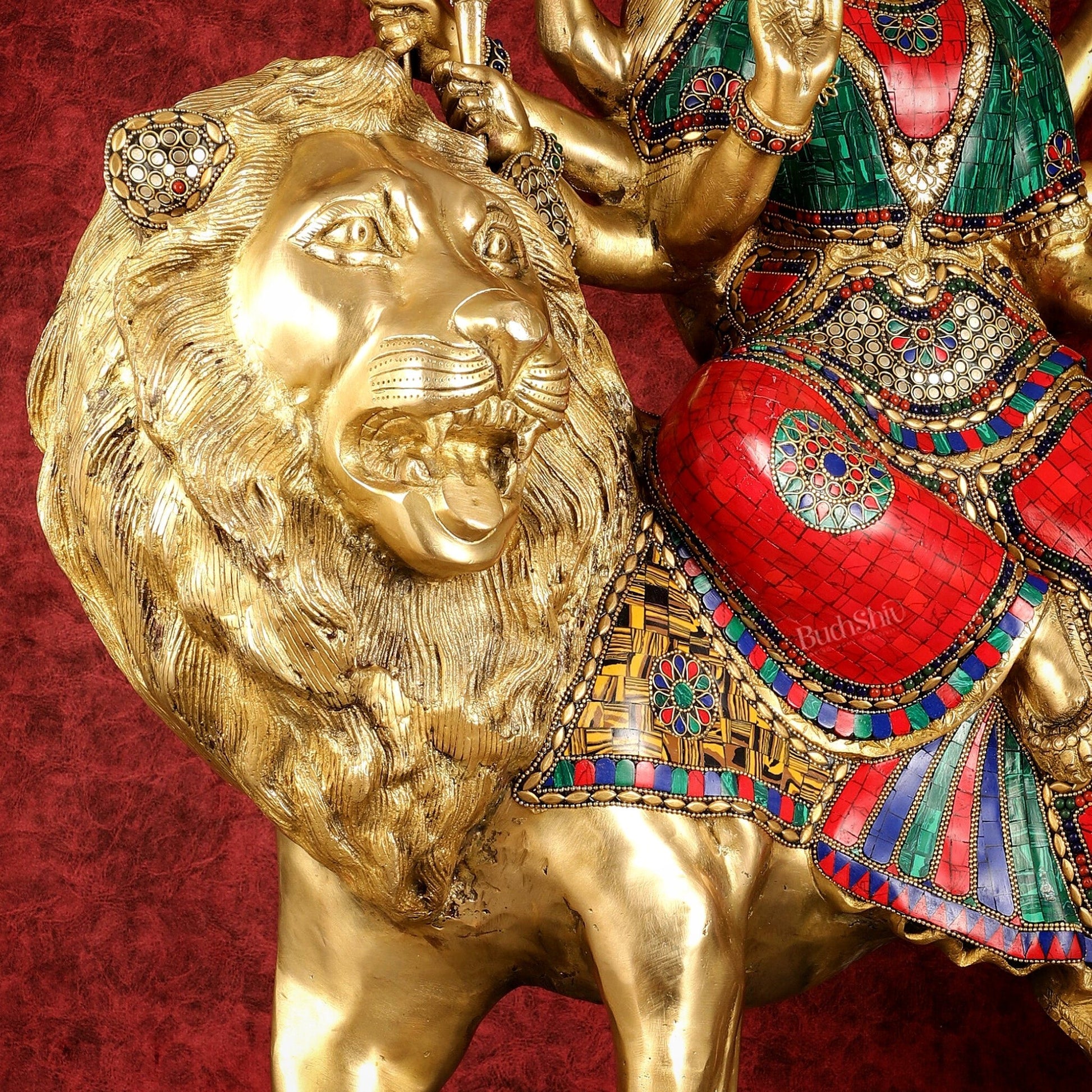 Pure Brass Large Goddess Durga Sherawali Mata Murti - 27 inch - Budhshiv.com