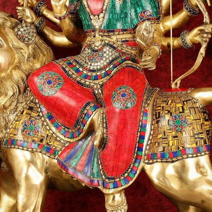 Pure Brass Large Goddess Durga Sherawali Mata Murti - 27 inch - Budhshiv.com