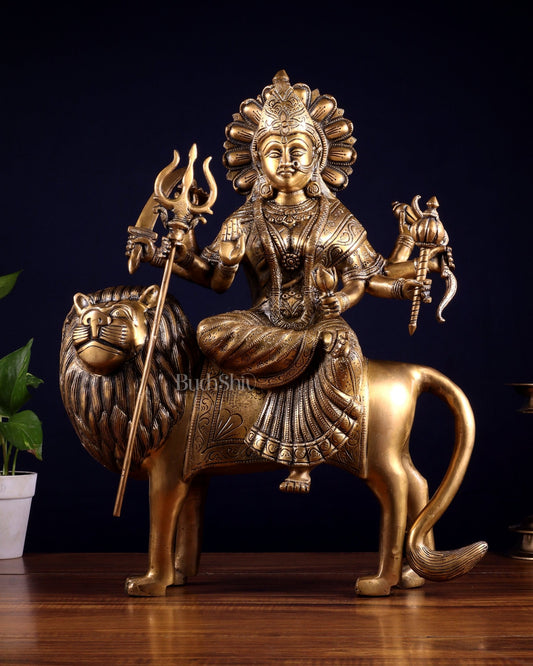 Pure Brass Large Goddess Durga Statue (Sherawali Mata) 18.5" - Budhshiv.com