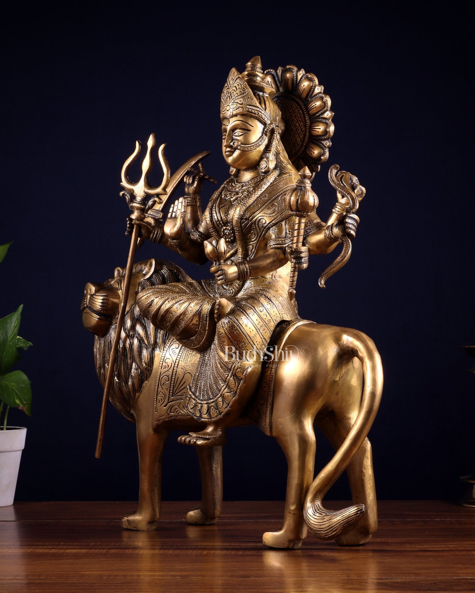 Pure Brass Large Goddess Durga Statue (Sherawali Mata) 18.5" - Budhshiv.com