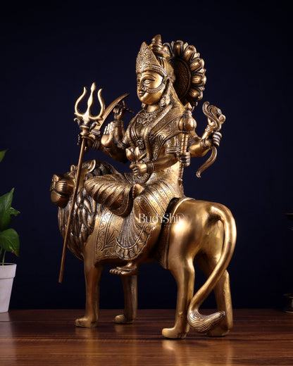 Pure Brass Large Goddess Durga Statue (Sherawali Mata) 18.5" - Budhshiv.com
