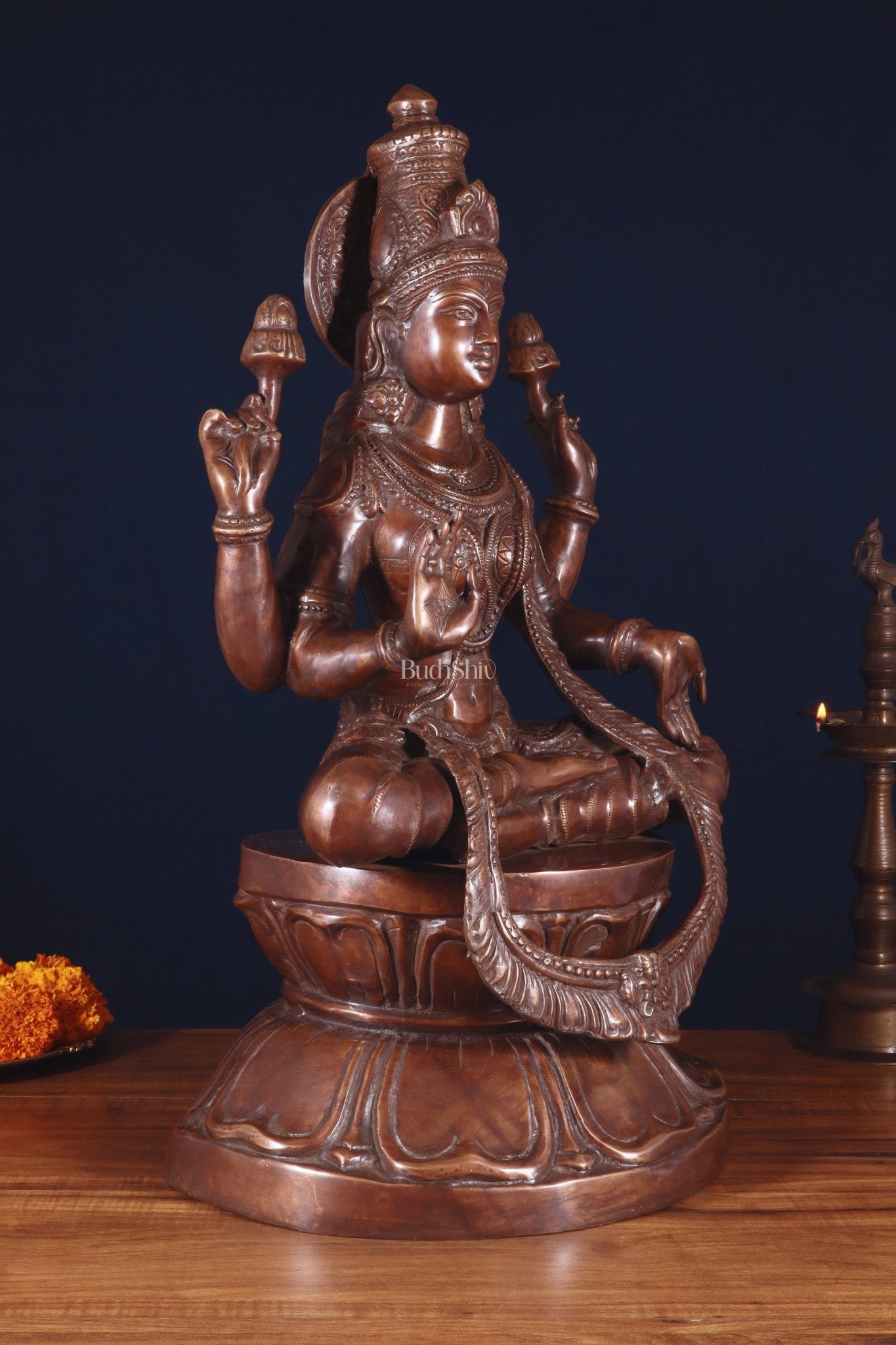 Pure Brass Large Goddess Lakshmi Statue – Crossed Legs Pose, 25 Inch, - Budhshiv.com