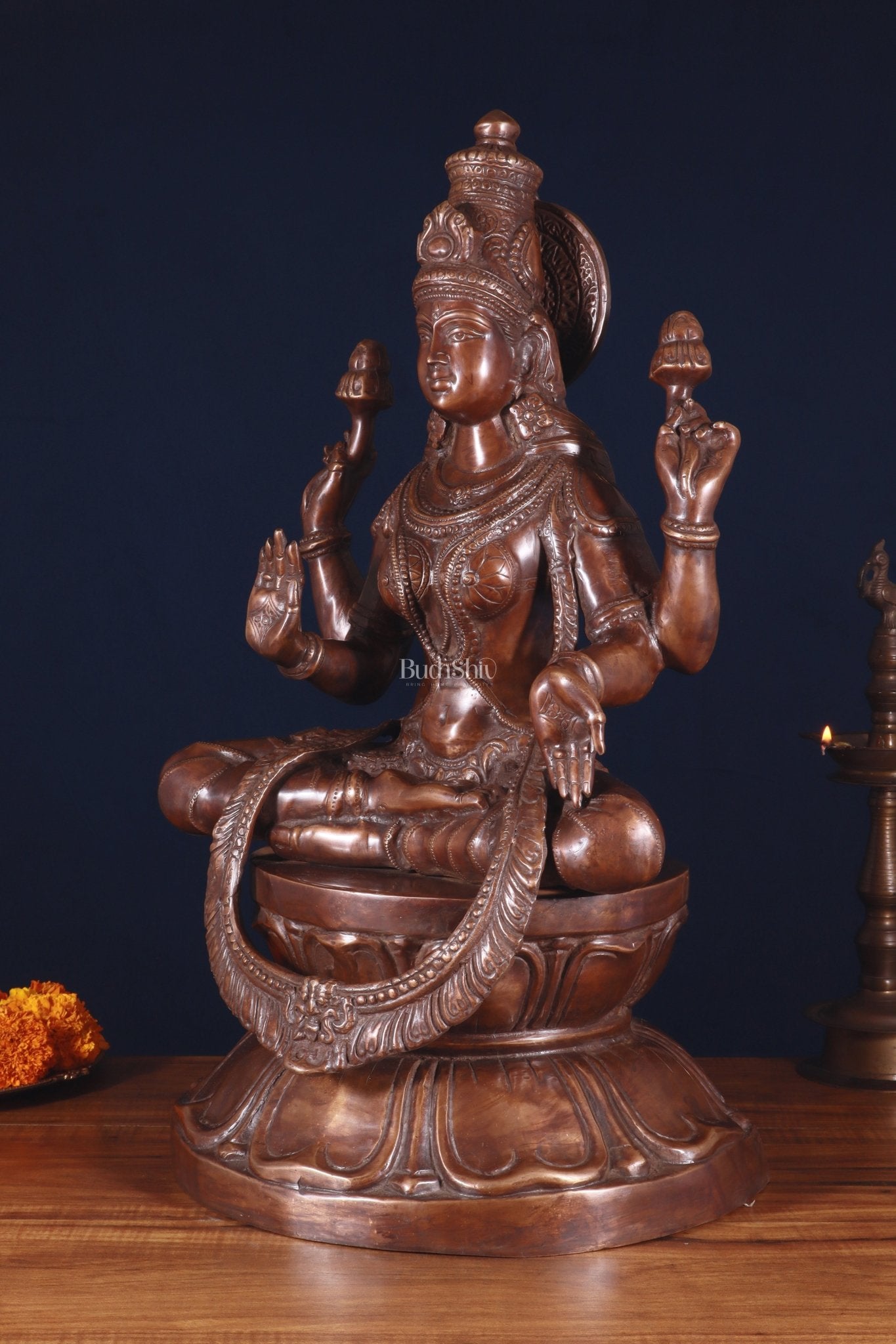 Pure Brass Large Goddess Lakshmi Statue – Crossed Legs Pose, 25 Inch, - Budhshiv.com