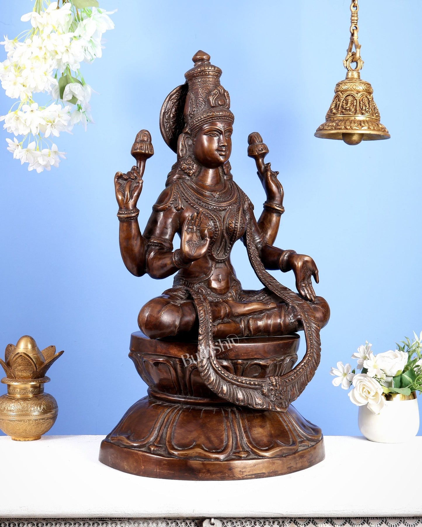 Pure Brass Large Goddess Lakshmi Statue – Crossed Legs Pose, 25 Inch, - Budhshiv.com