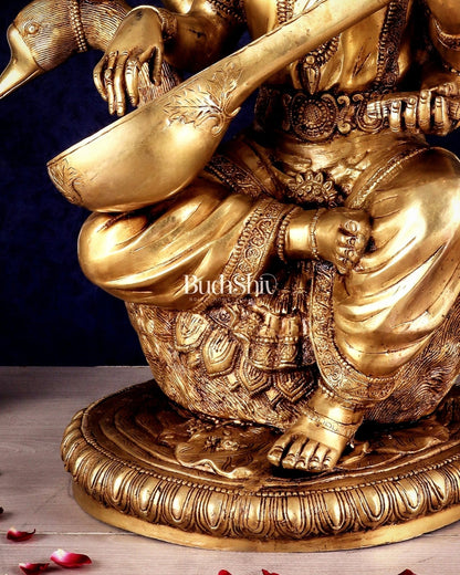 Pure Brass Large Goddess Saraswati Seated on Swan statue 24" - Budhshiv.com