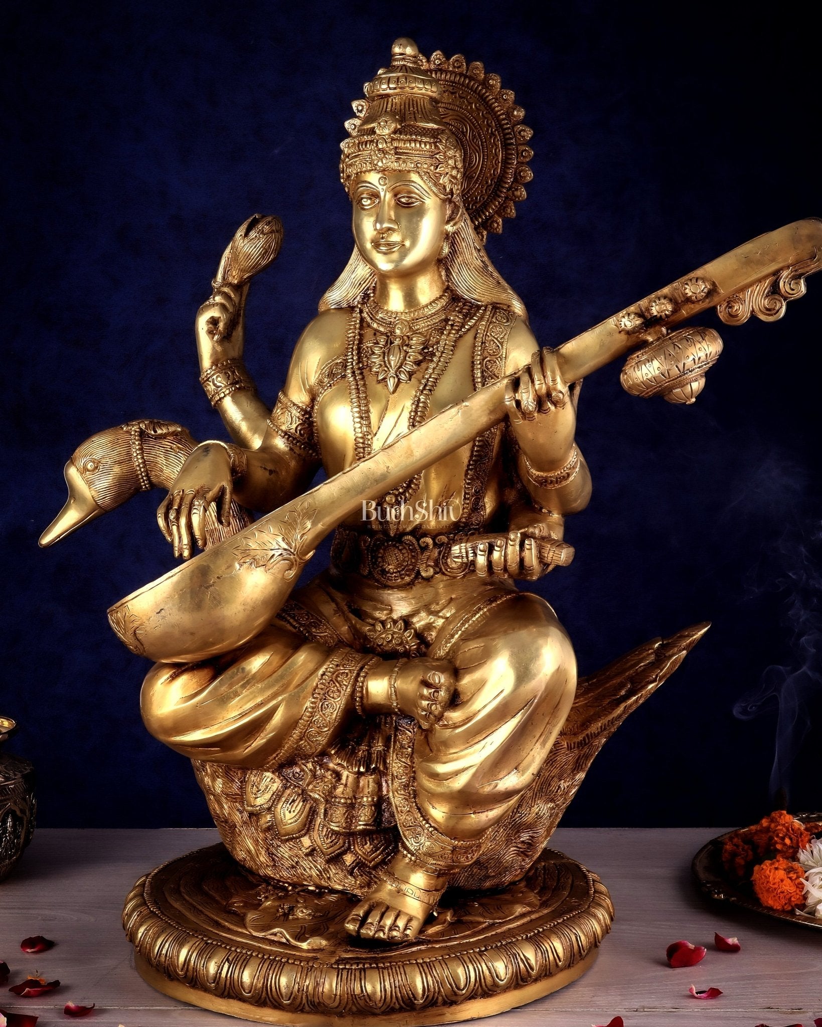 Pure Brass Large Goddess Saraswati Seated on Swan statue 24" - Budhshiv.com