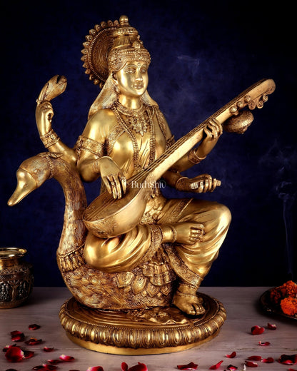 Pure Brass Large Goddess Saraswati Seated on Swan statue 24" - Budhshiv.com