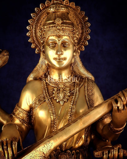 Pure Brass Large Goddess Saraswati Seated on Swan statue 24" - Budhshiv.com
