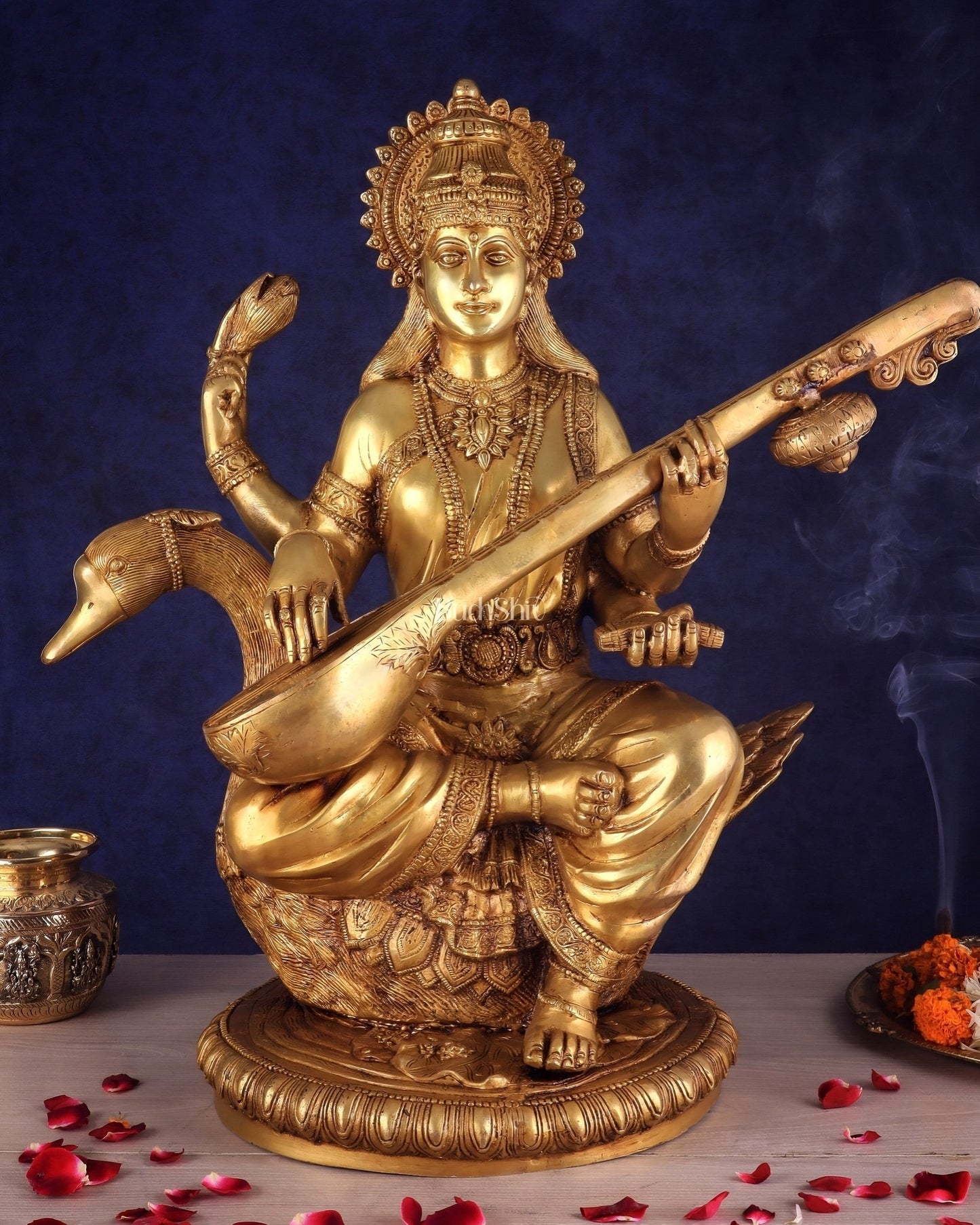 Pure Brass Large Goddess Saraswati Seated on Swan statue 24" - Budhshiv.com