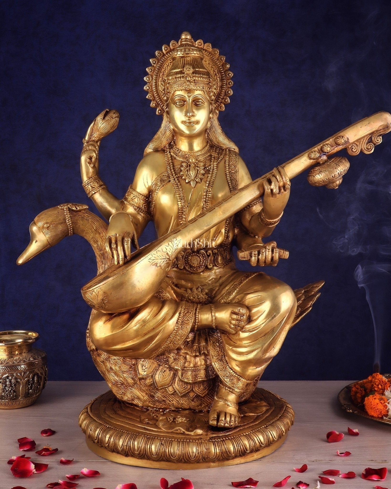 Pure Brass Large Goddess Saraswati Seated on Swan statue 24" - Budhshiv.com
