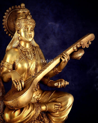 Pure Brass Large Goddess Saraswati Seated on Swan statue 24" - Budhshiv.com
