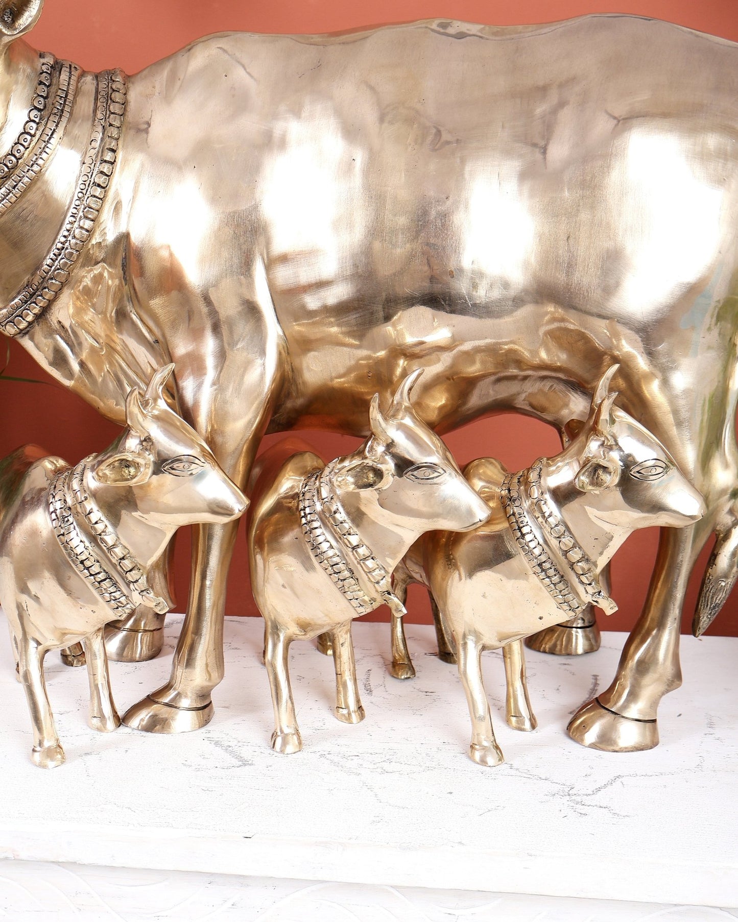 Pure Brass Large Gomatha (Cow) Statue Protecting Her Calves – Symbol of Nurturing Divinity - Budhshiv.com