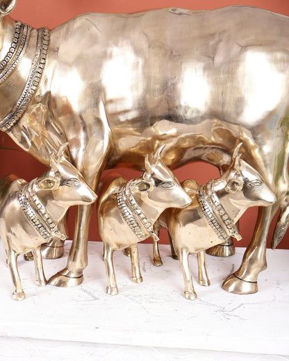 Pure Brass Large Gomatha (Cow) Statue Protecting Her Calves – Symbol of Nurturing Divinity - Budhshiv.com