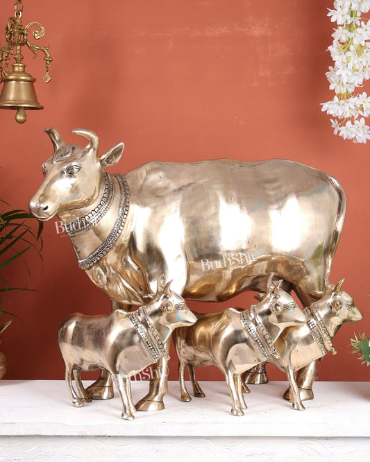 Pure Brass Large Gomatha (Cow) Statue Protecting Her Calves – Symbol of Nurturing Divinity - Budhshiv.com