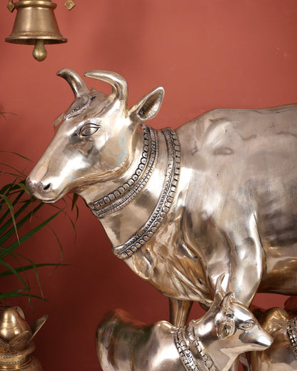 Pure Brass Large Gomatha (Cow) Statue Protecting Her Calves – Symbol of Nurturing Divinity - Budhshiv.com