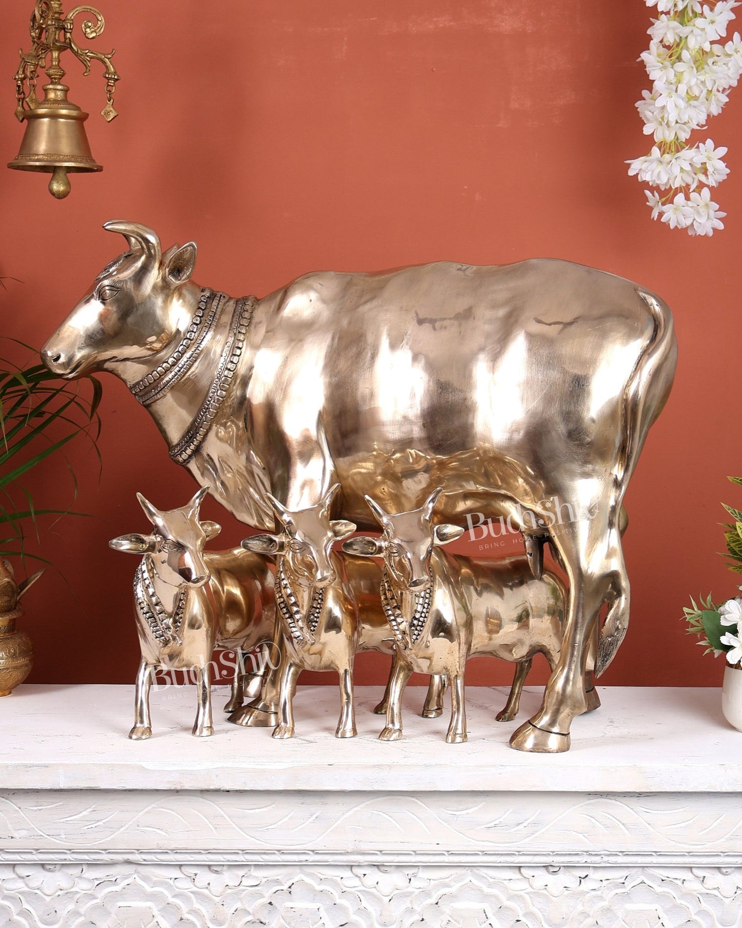 Pure Brass Large Gomatha (Cow) Statue Protecting Her Calves – Symbol of Nurturing Divinity - Budhshiv.com