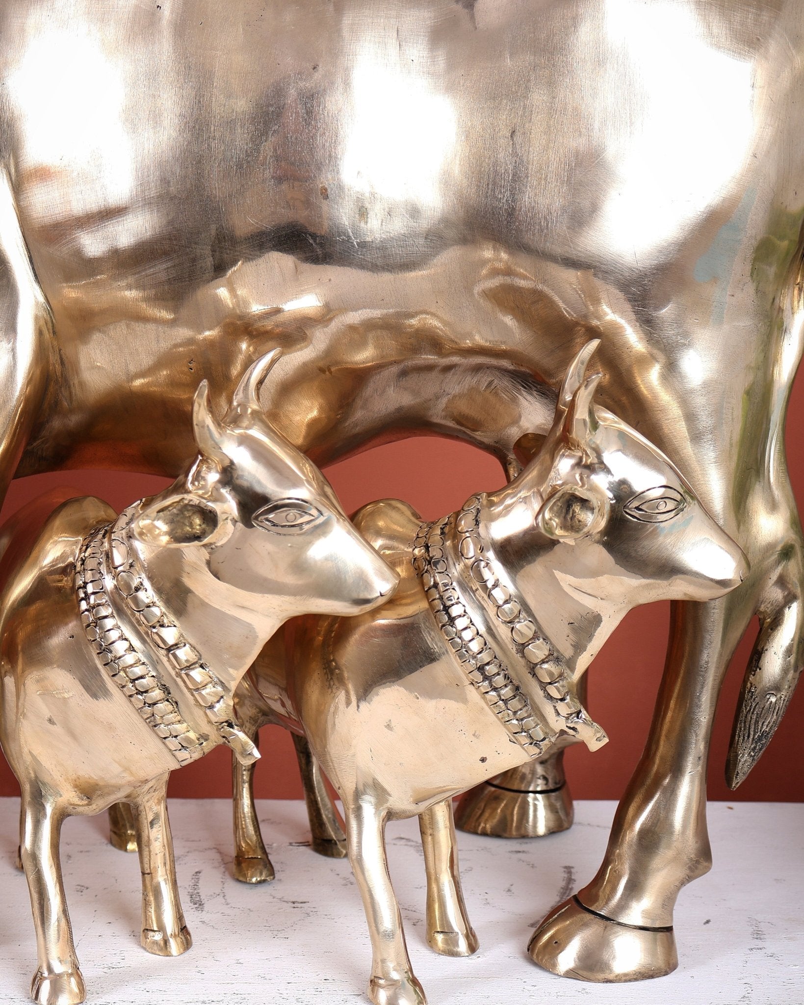 Pure Brass Large Gomatha (Cow) Statue Protecting Her Calves – Symbol of Nurturing Divinity - Budhshiv.com