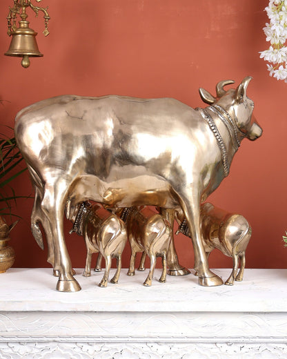 Pure Brass Large Gomatha (Cow) Statue Protecting Her Calves – Symbol of Nurturing Divinity - Budhshiv.com