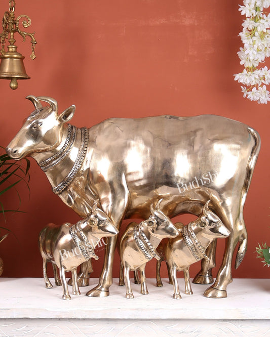 Pure Brass Large Gomatha (Cow) Statue Protecting Her Calves – Symbol of Nurturing Divinity - Budhshiv.com