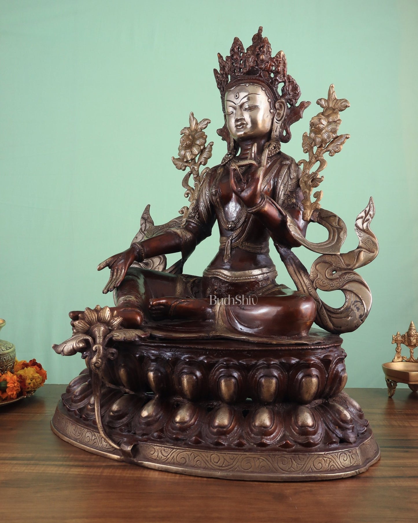 Pure Brass Large Green Tara Statue – Divine Protector & Compassionate Mother 24.5" - Budhshiv.com