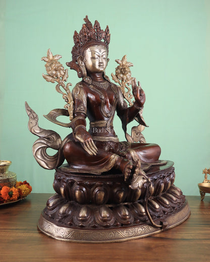 Pure Brass Large Green Tara Statue – Divine Protector & Compassionate Mother 24.5" - Budhshiv.com